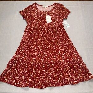 Pink rose Floral Kids Dress in deep Red